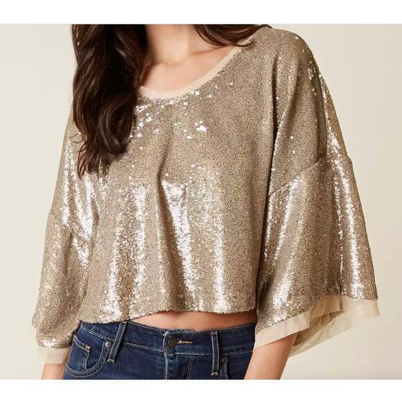 Free People Top Womens‎ Small Gold Champage Dreams Sequin Blouse Glam - Picture 1 of 10